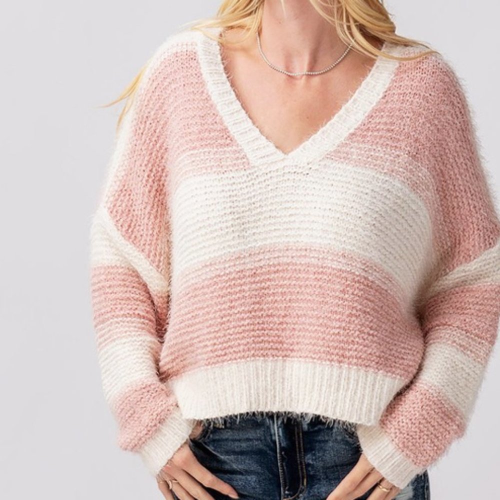 NEW Soft Fuzzy Eyelash Knit V Neck Stripe Cropped Knit Sweater - Picture 6 of 11